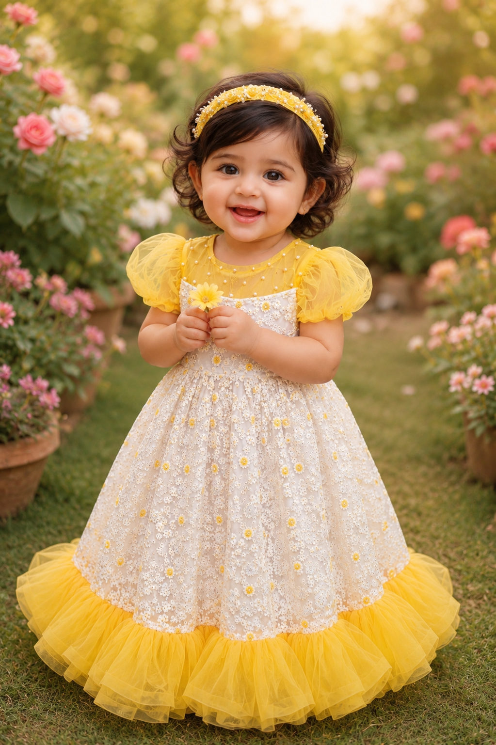 Embroidered net birthday frock