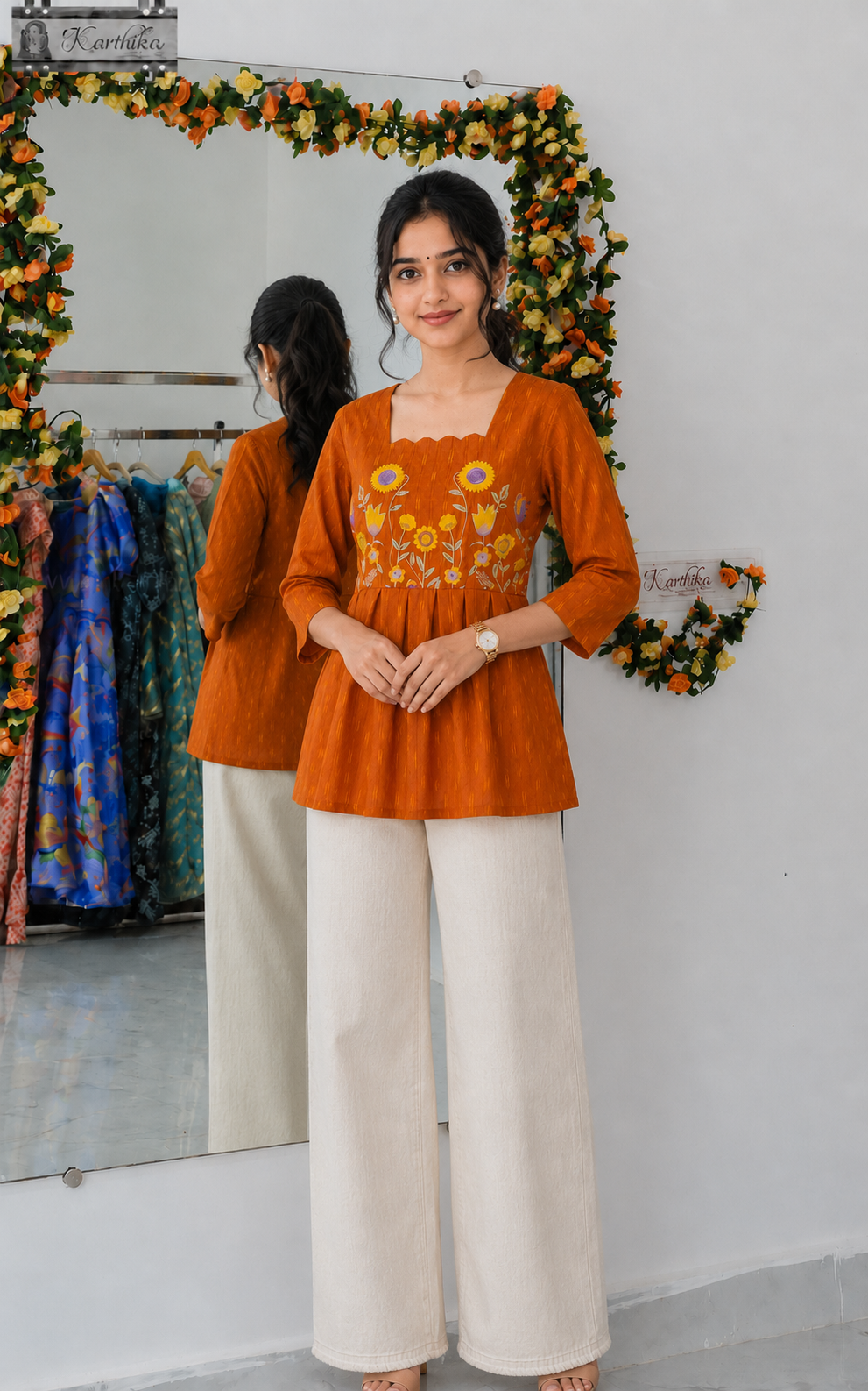 Embroidered ikkat cotton tunic
