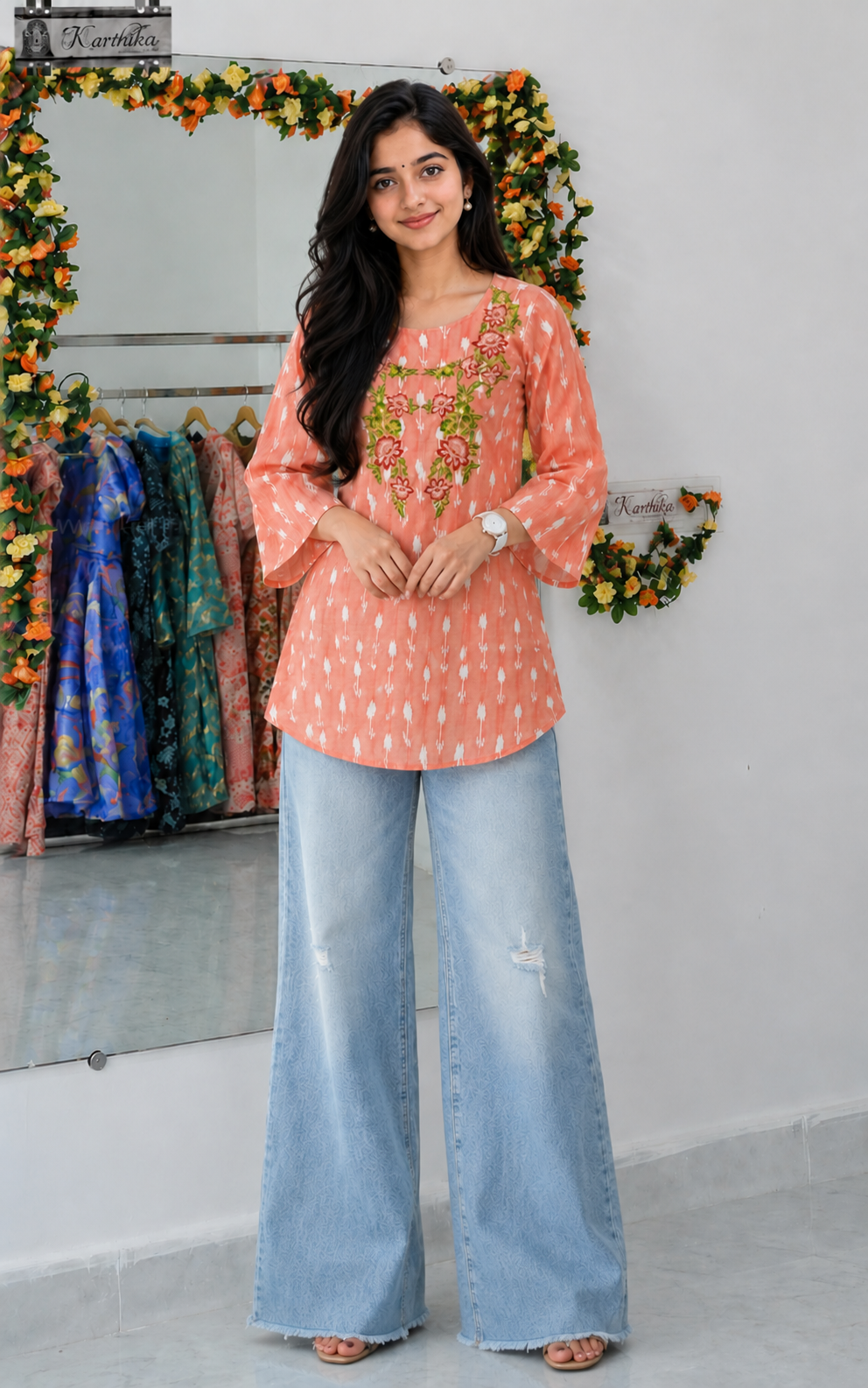 Embroidered ikkat cotton tunic