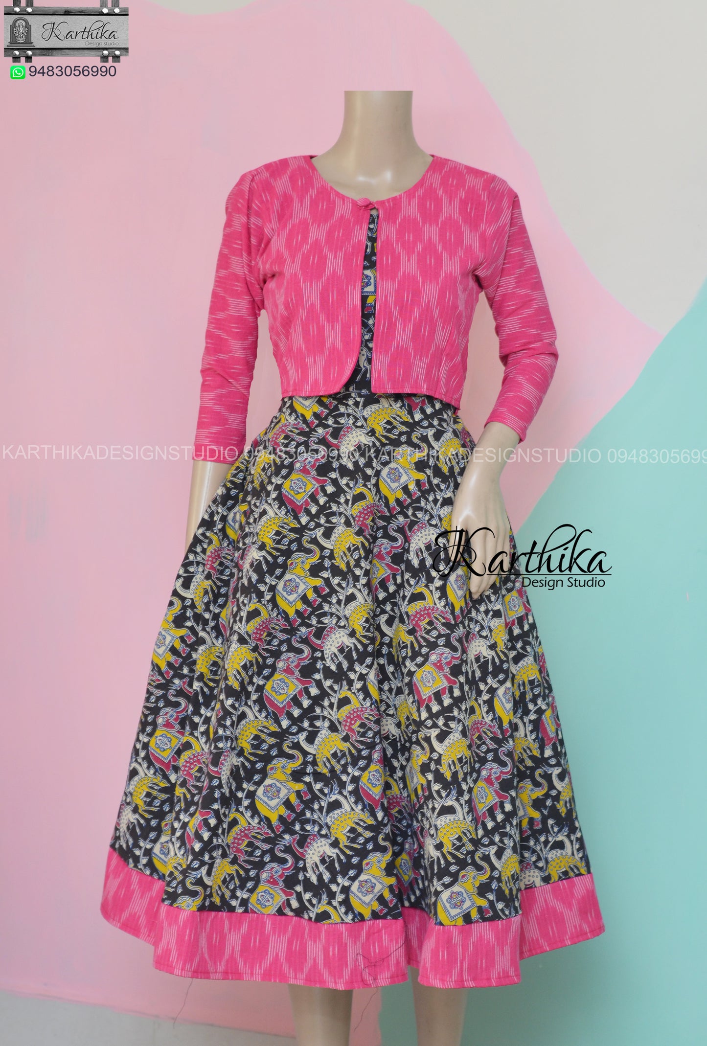Kalamkari kurthi with ikkat coat