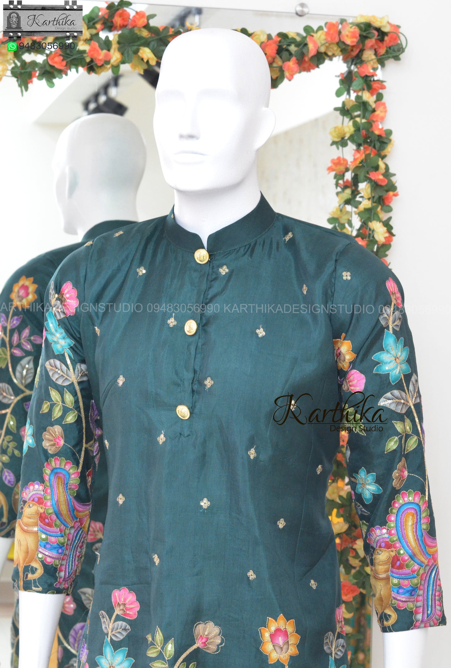 Kalamkari Embroidered chinnon kurtha pyjama for boys