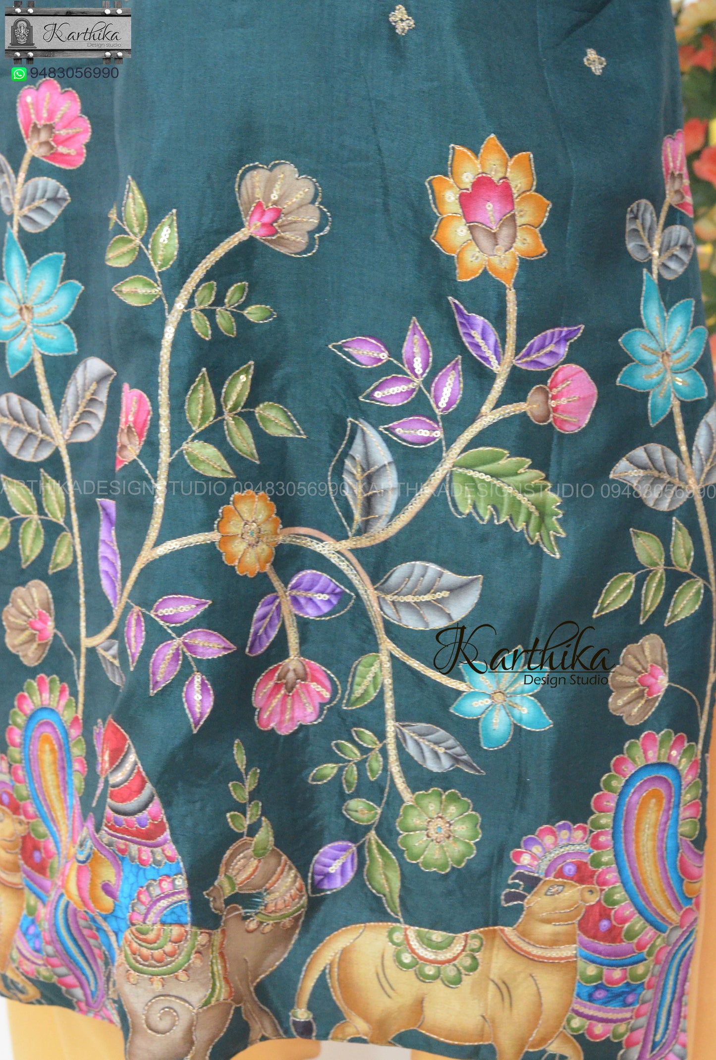 Kalamkari Embroidered chinnon kurtha pyjama for boys