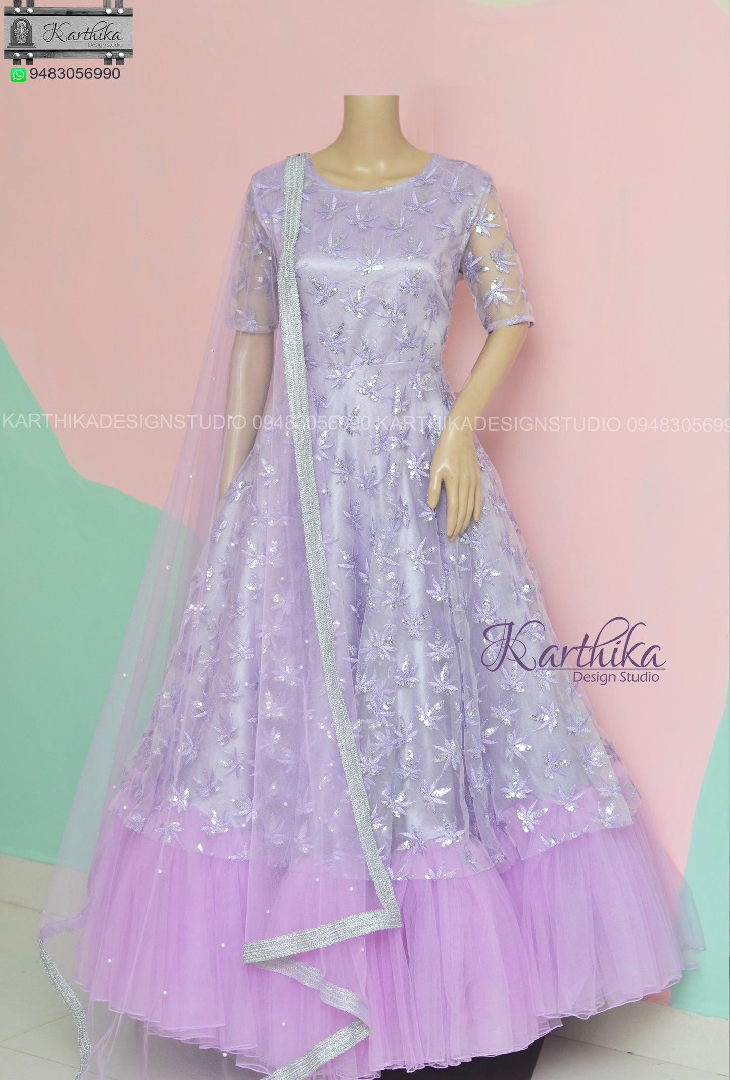 Lavender embroidered net long gown