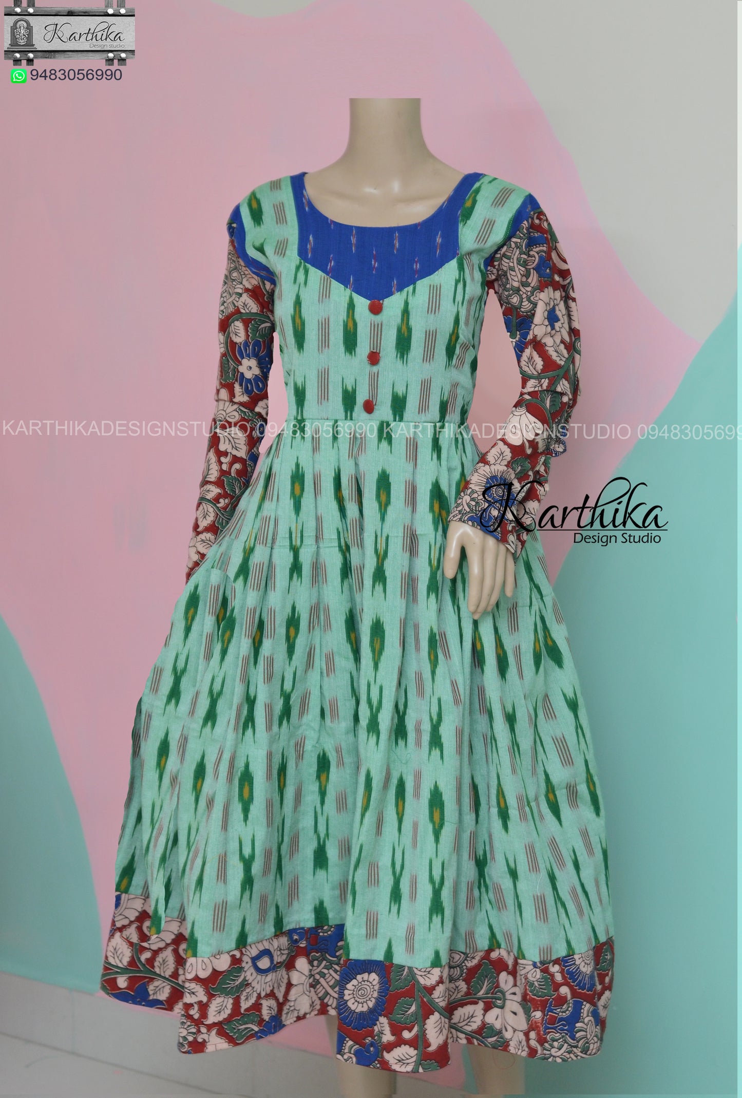Maroon Kalamkari and mint green ikkat kurthi