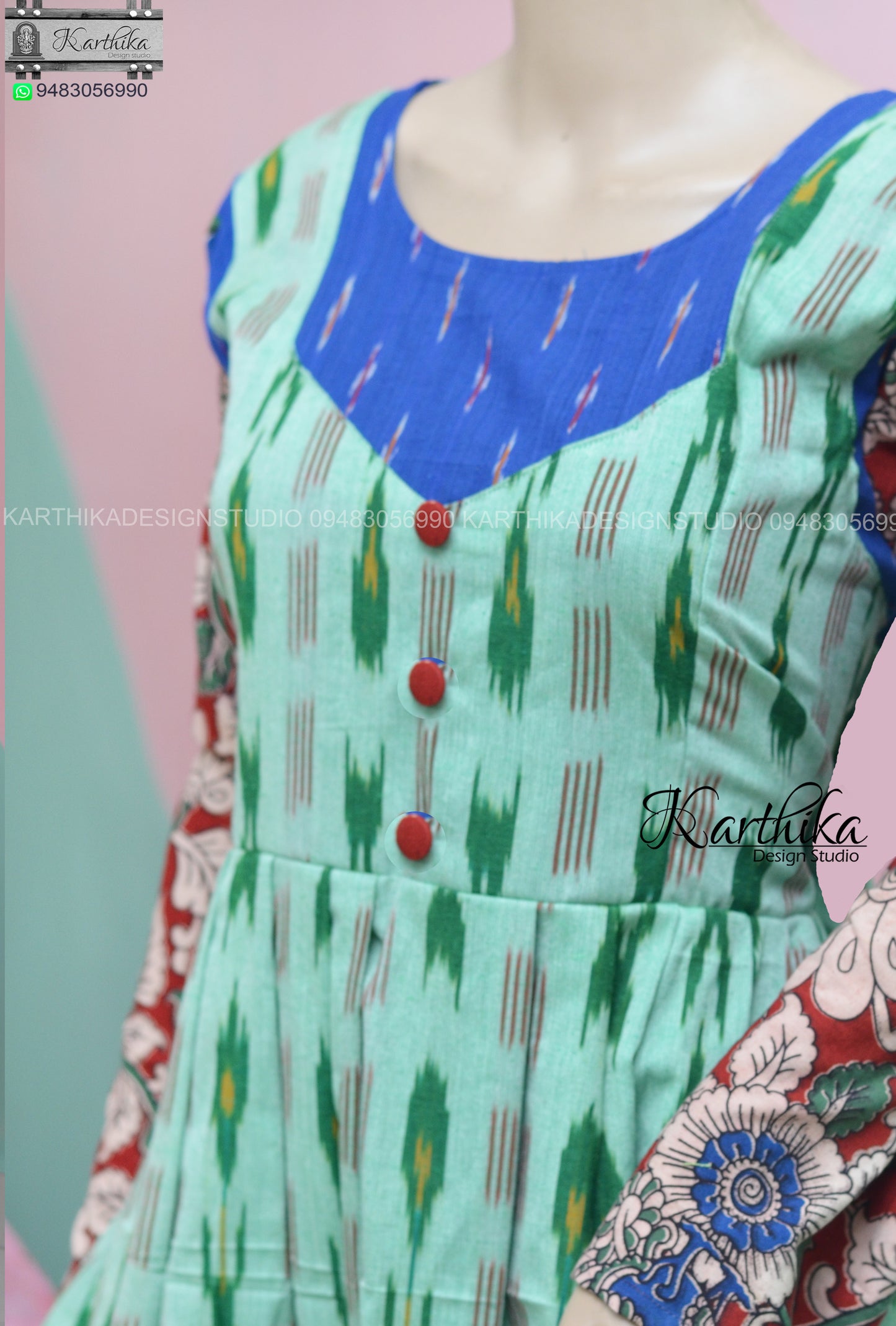 Maroon Kalamkari and mint green ikkat kurthi