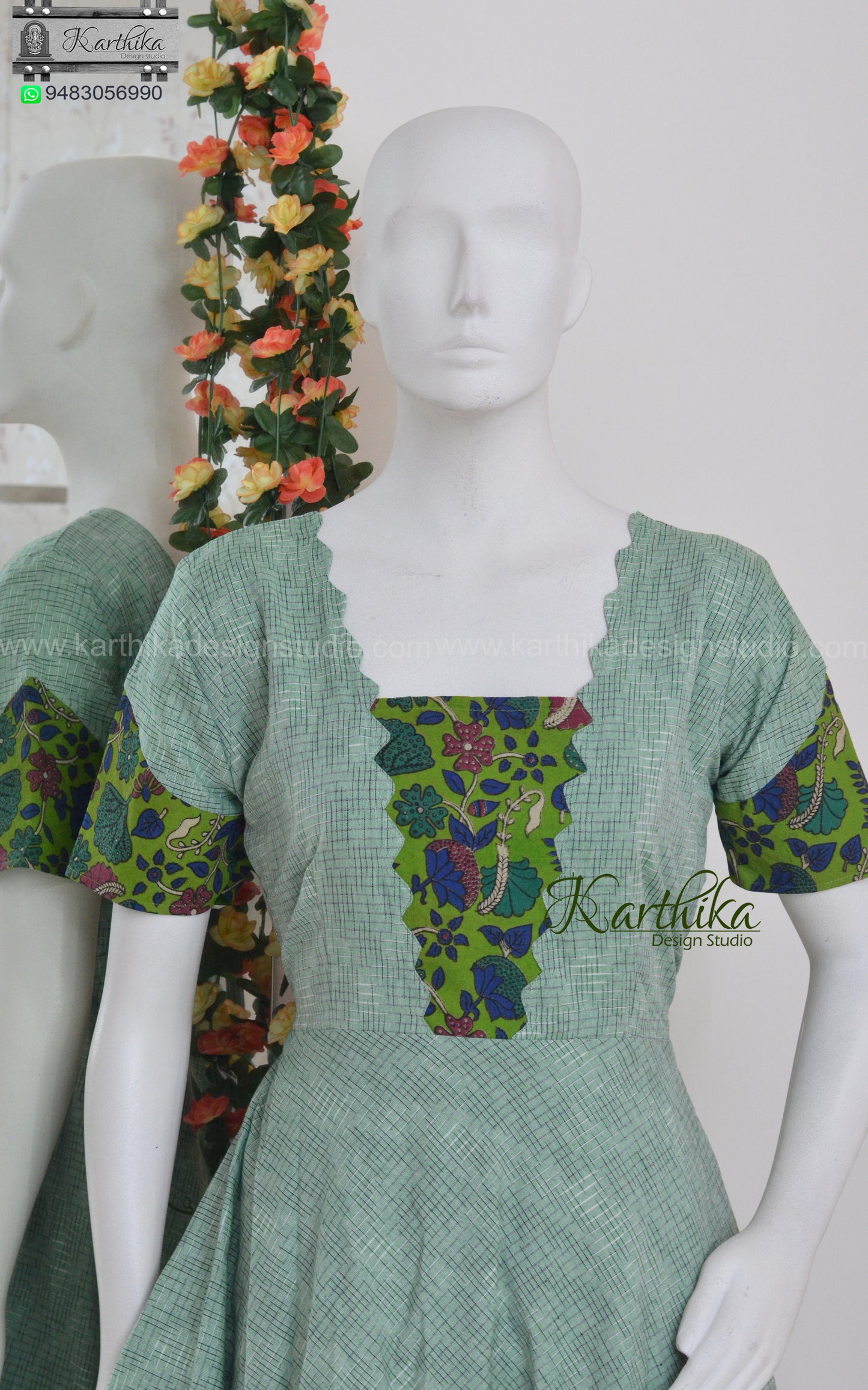 Kalamkari and mint green ikkat kurthi