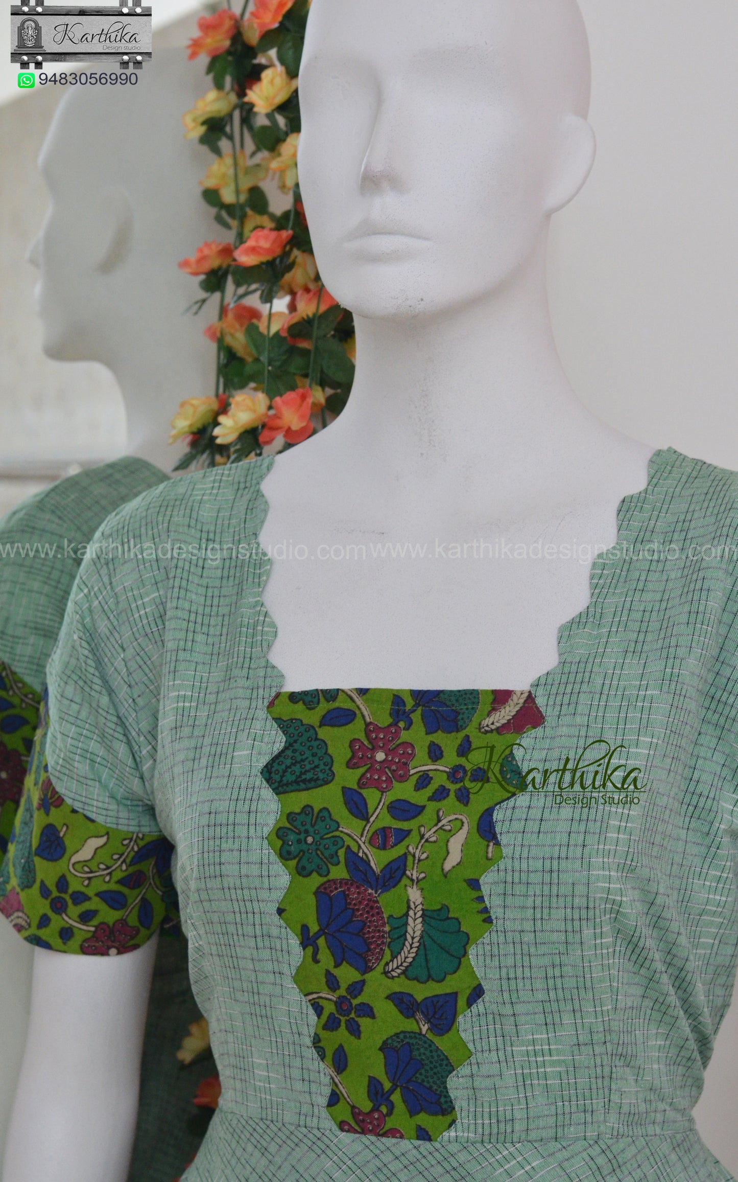 Kalamkari and mint green ikkat kurthi