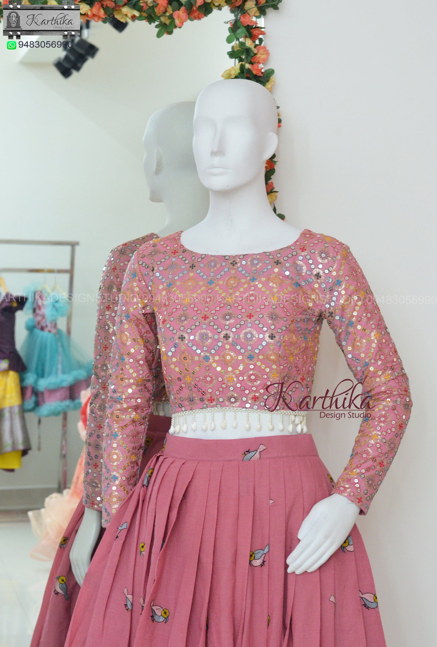 Embroidered georgette and cotton crop top lehenga