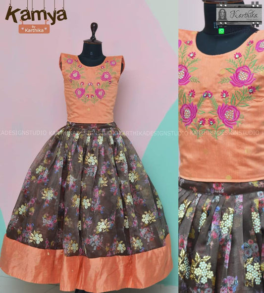 Dupion silk/ organza crop top lehenga..