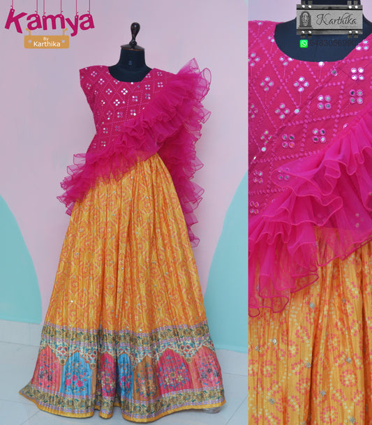 Embroidered georgette/ crushed chinnon long gown.