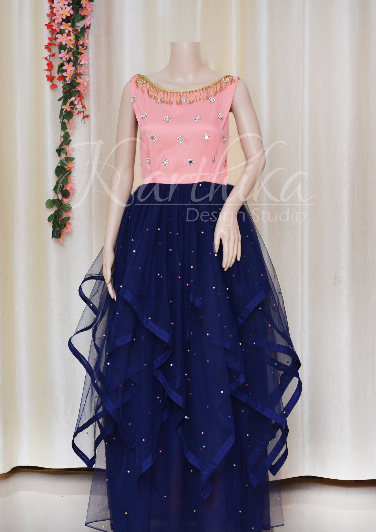 Embroidered taffeta silk/net long gown..