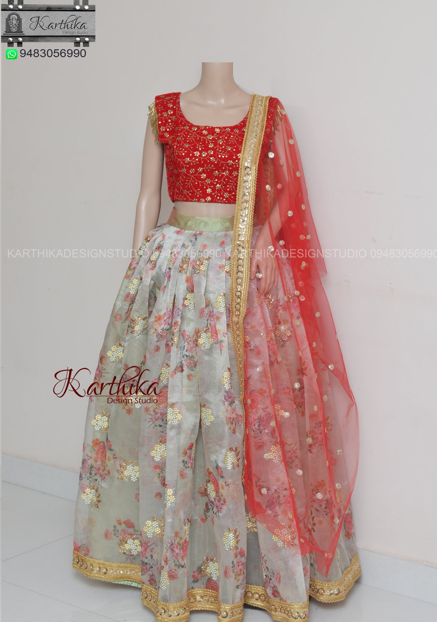 Embroidered velvet/organza lehenga and frock