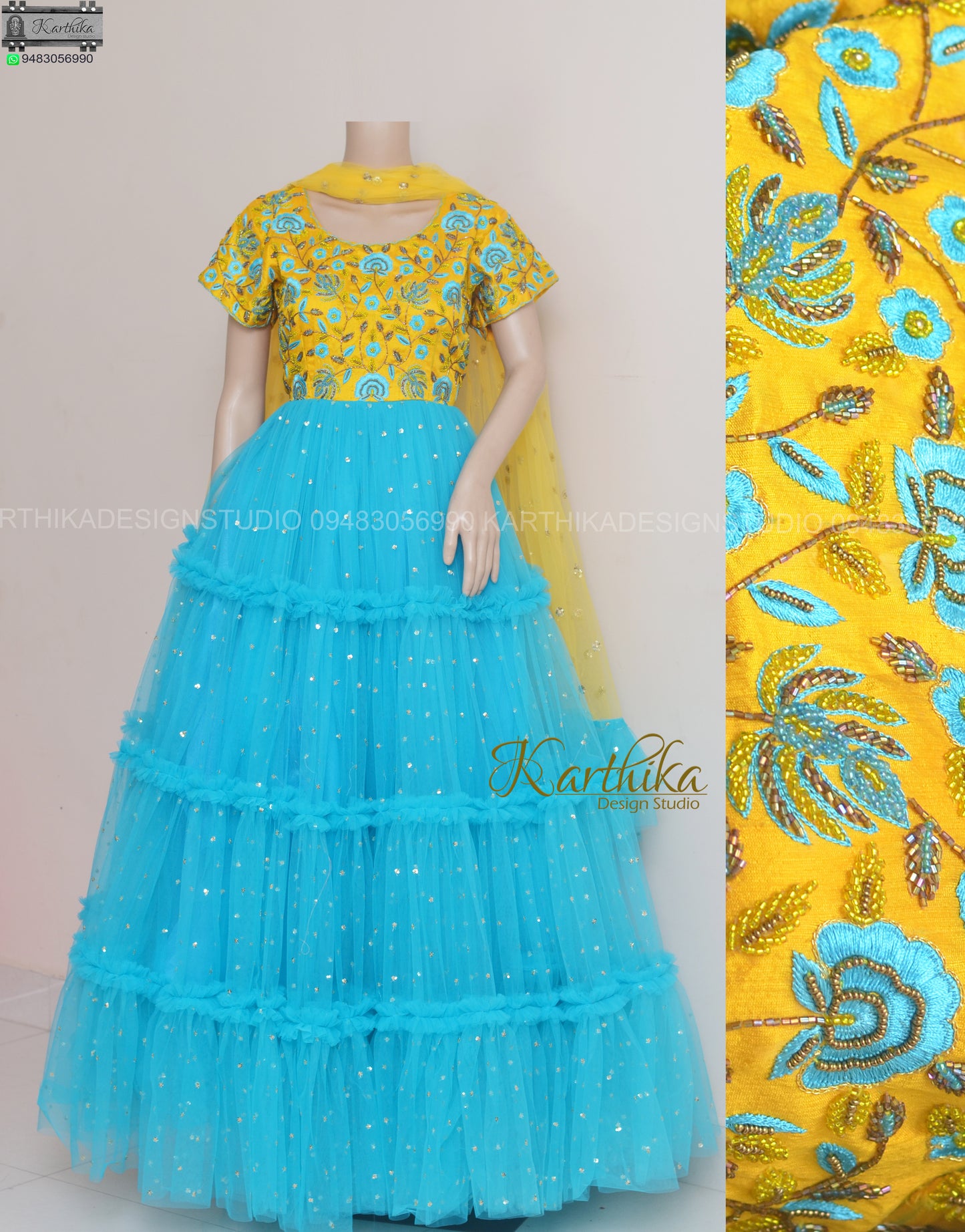 Embroidered raw silk/net frock