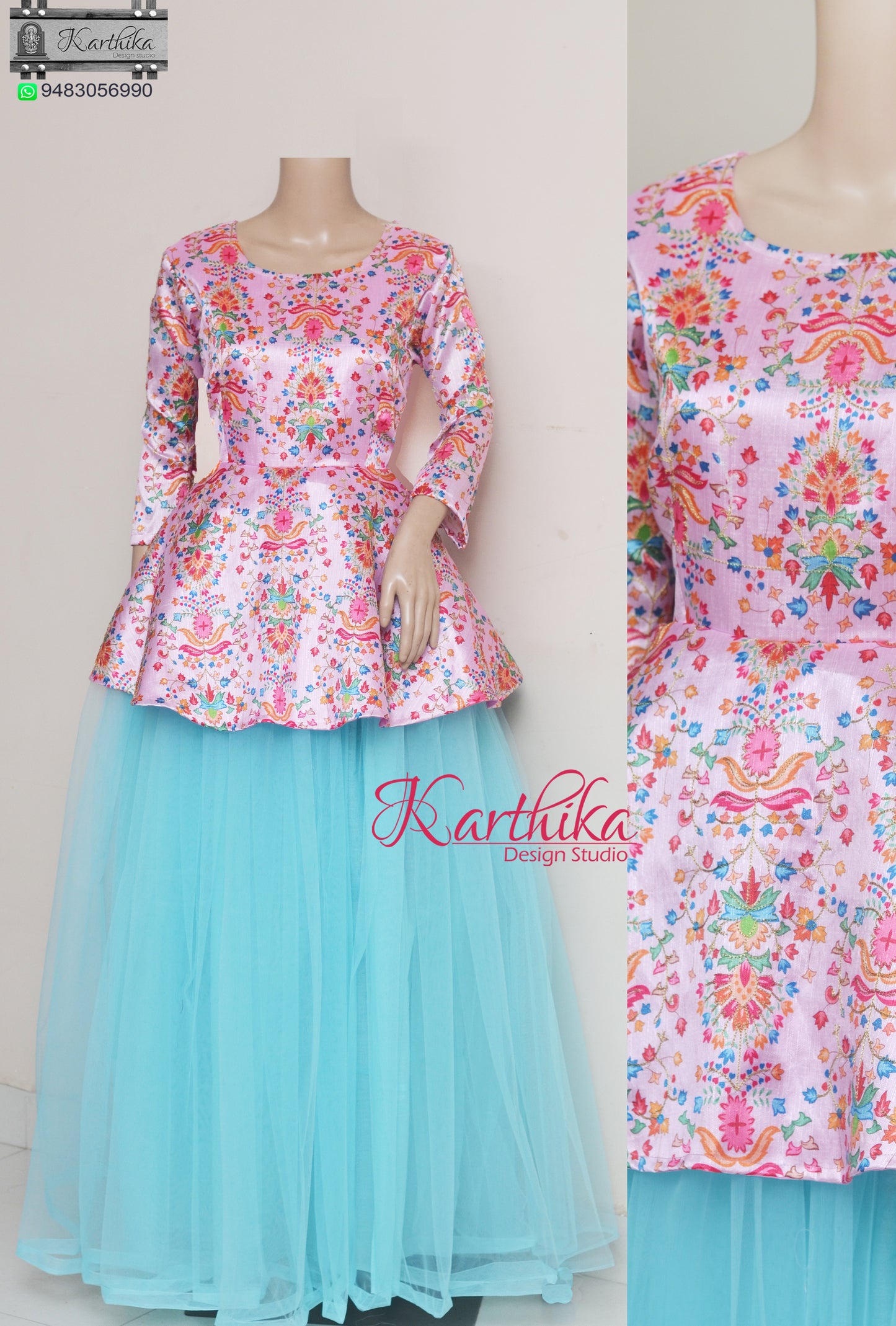 Floral raw silk/net long gown..