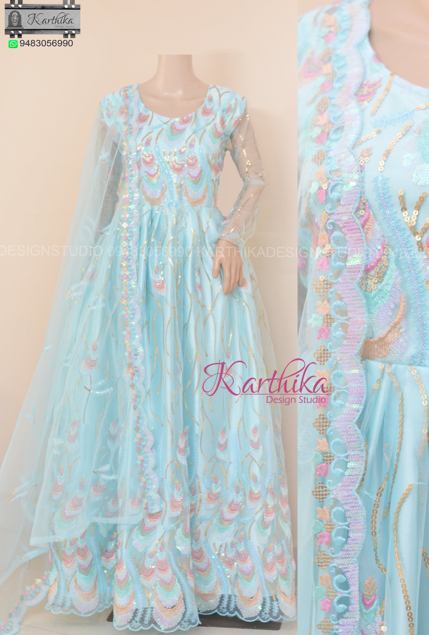 Embroidered net long gown and frock.