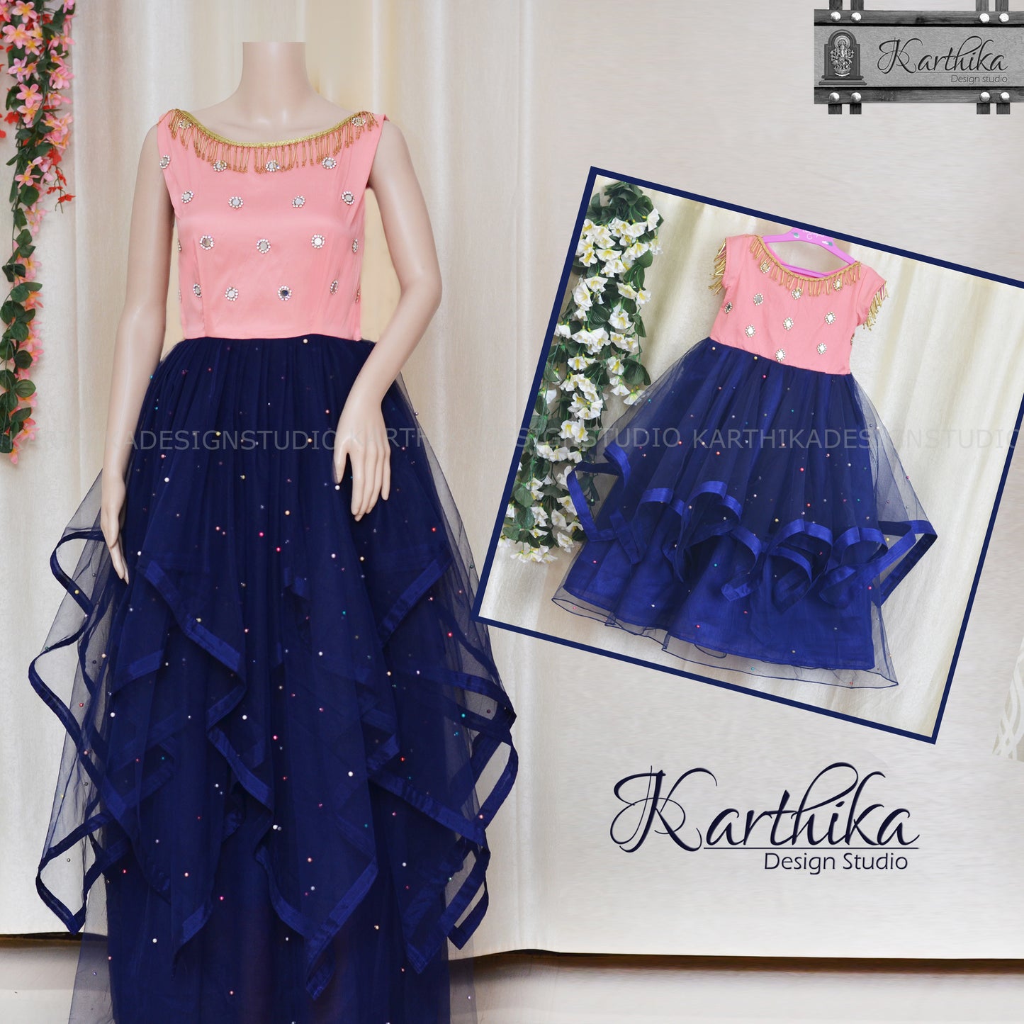 Embroidered taffeta silk/net long gown..