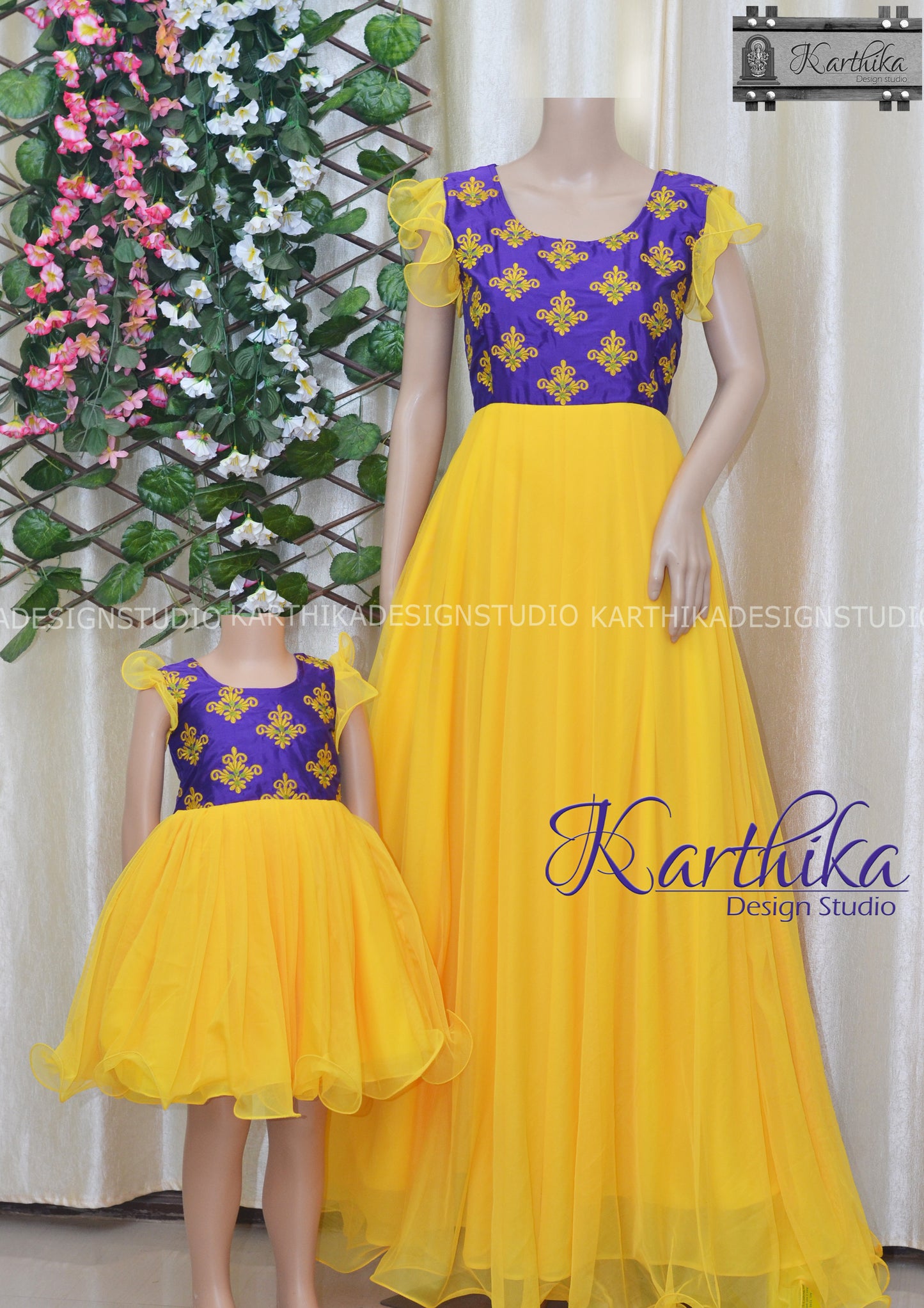 Embroidered cotton silk/net long gown..