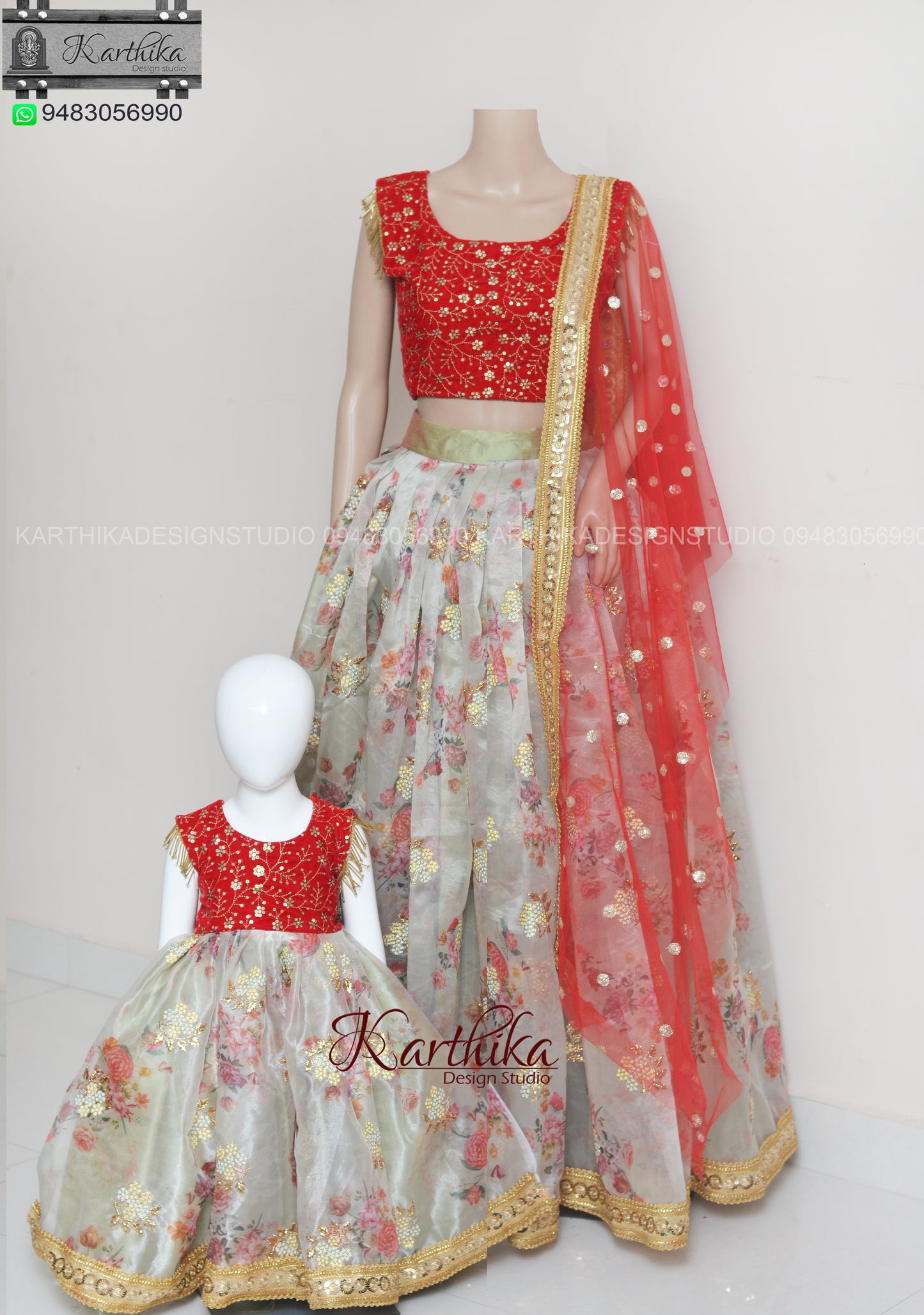 Embroidered velvet/organza lehenga and frock