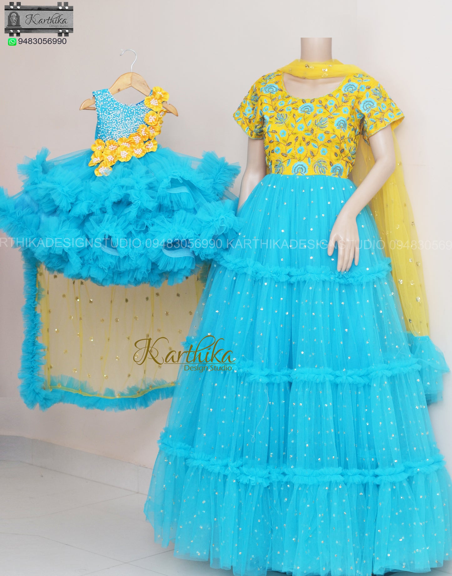 Embroidered raw silk/net frock