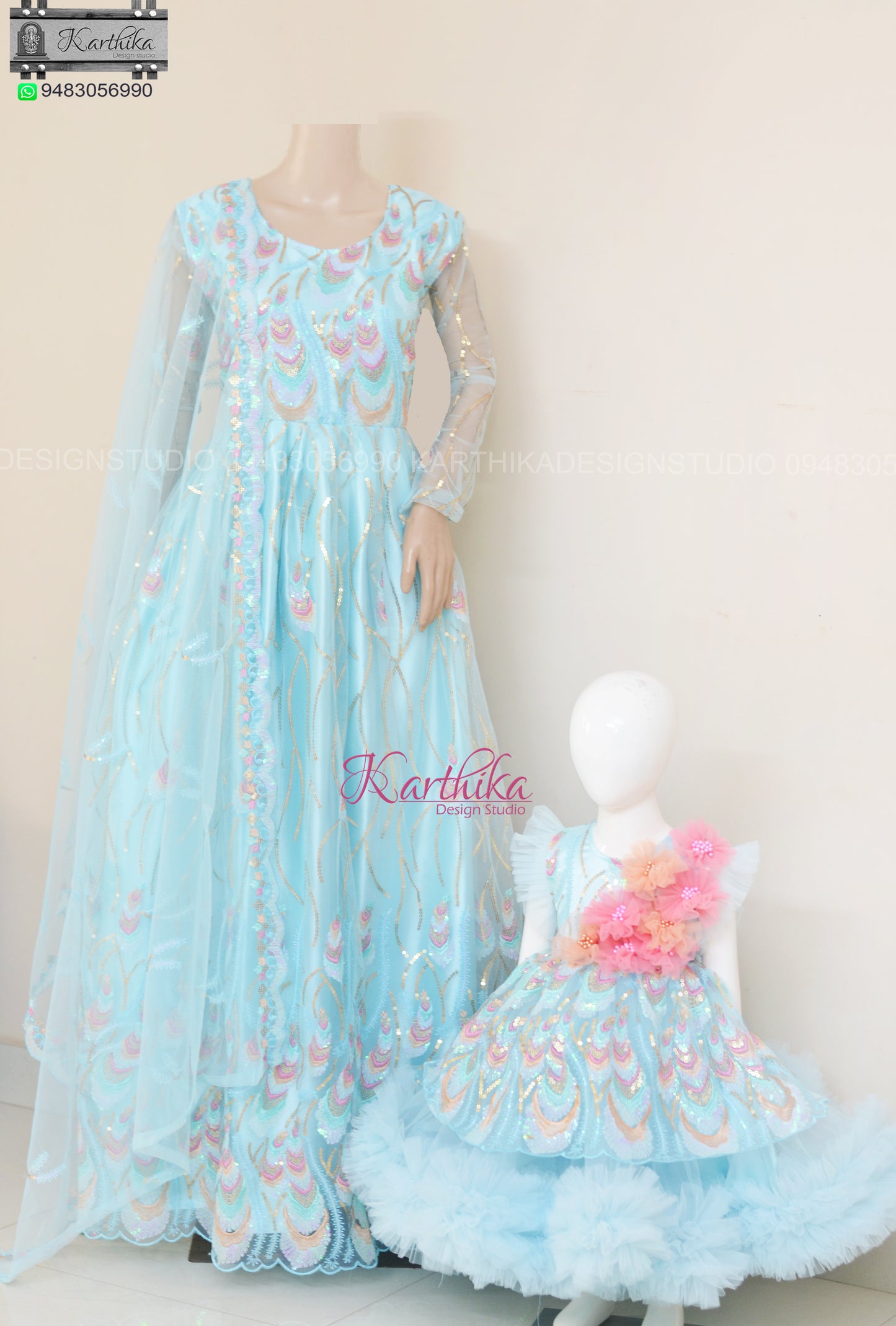 Embroidered net long gown and frock.