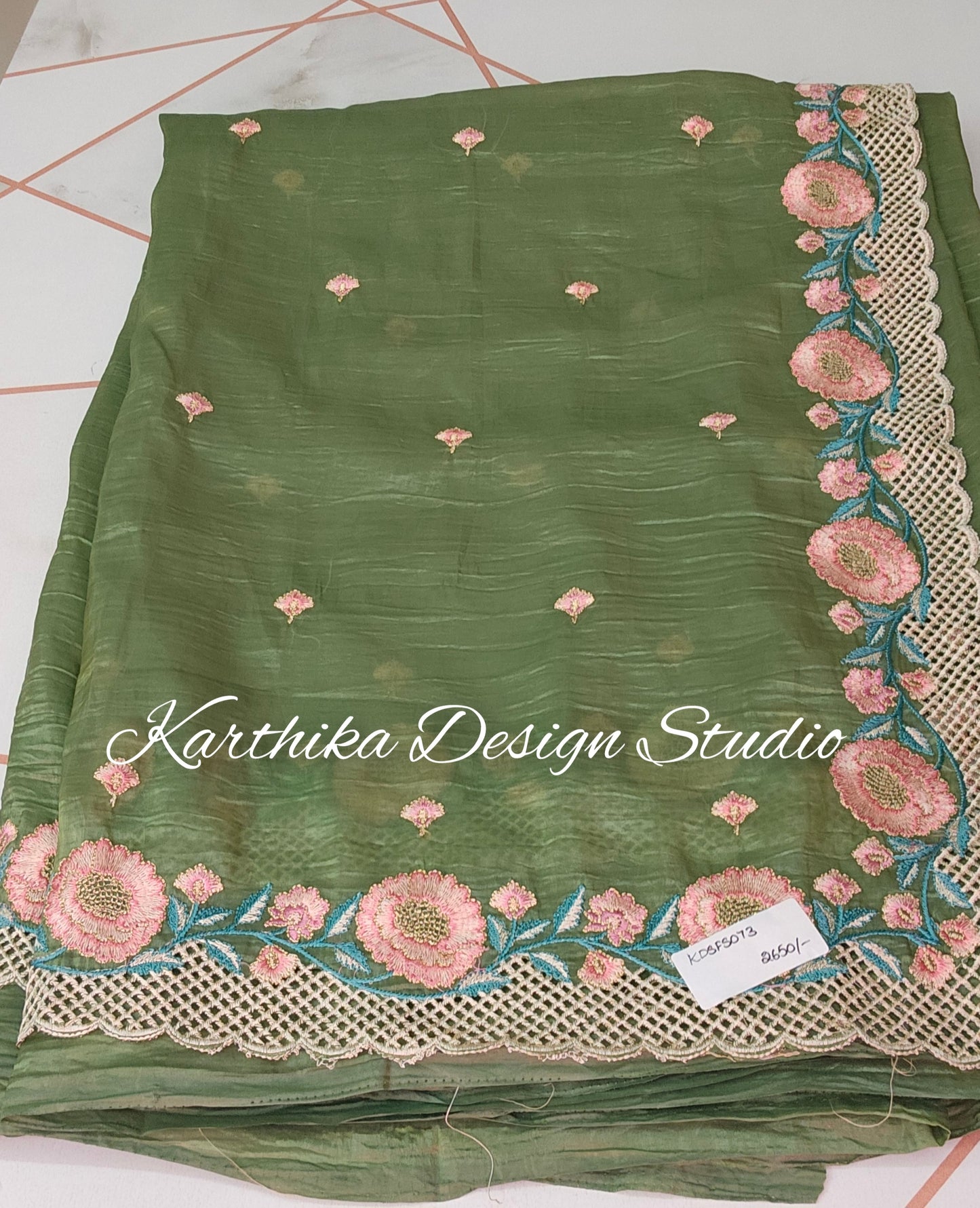 Olive green Crushed Jimmychoo saree with cutwork border