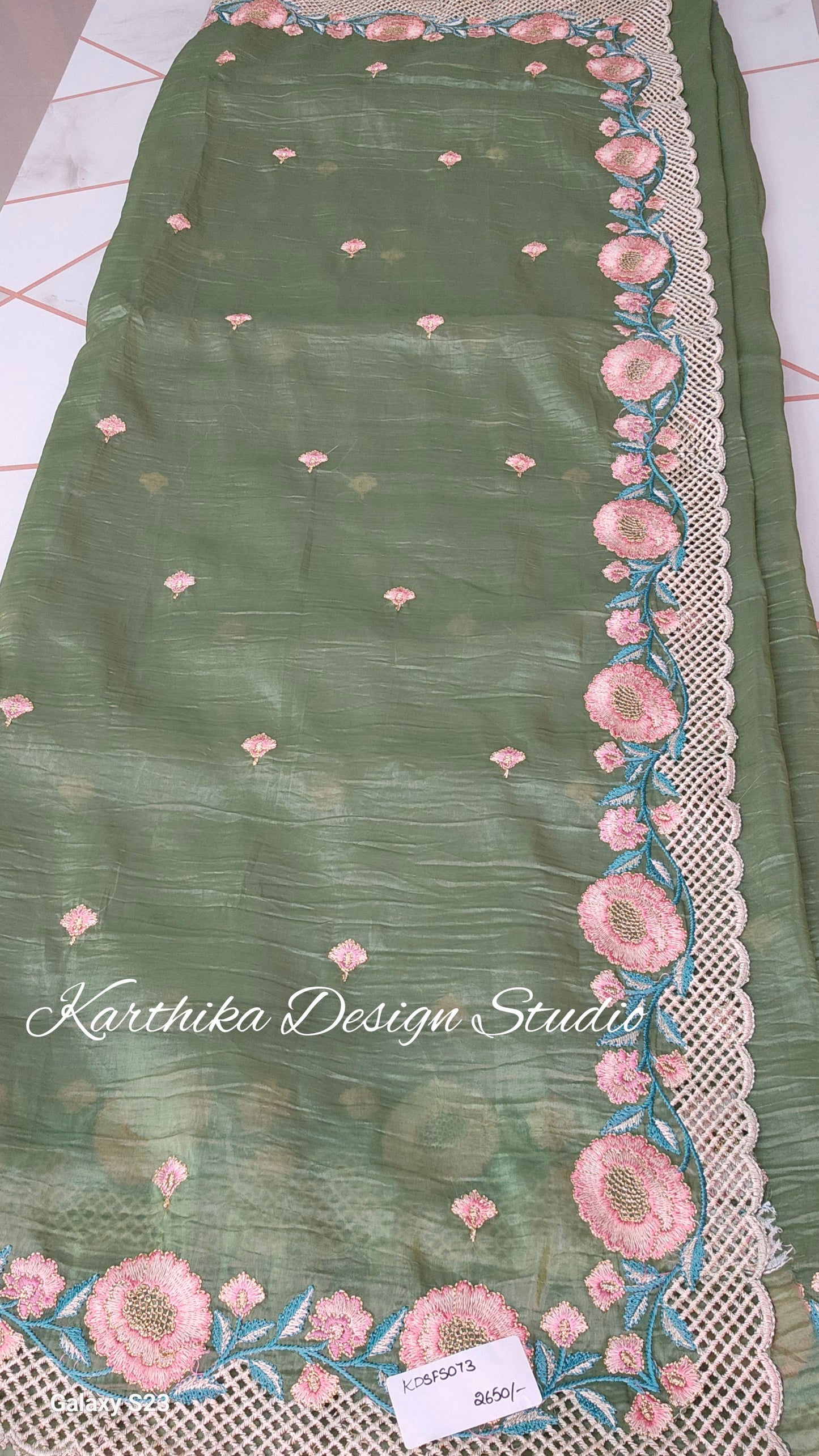 Olive green Crushed Jimmychoo saree with cutwork border