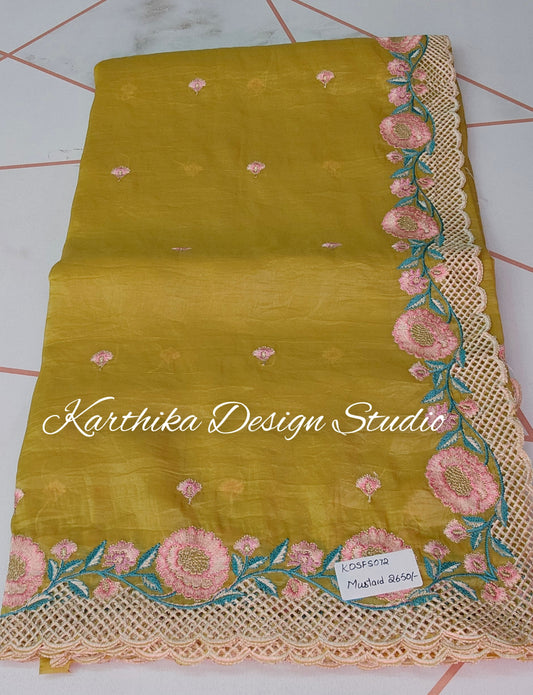 Mustard yellow Crushed Jimmychoo saree with cutwork border