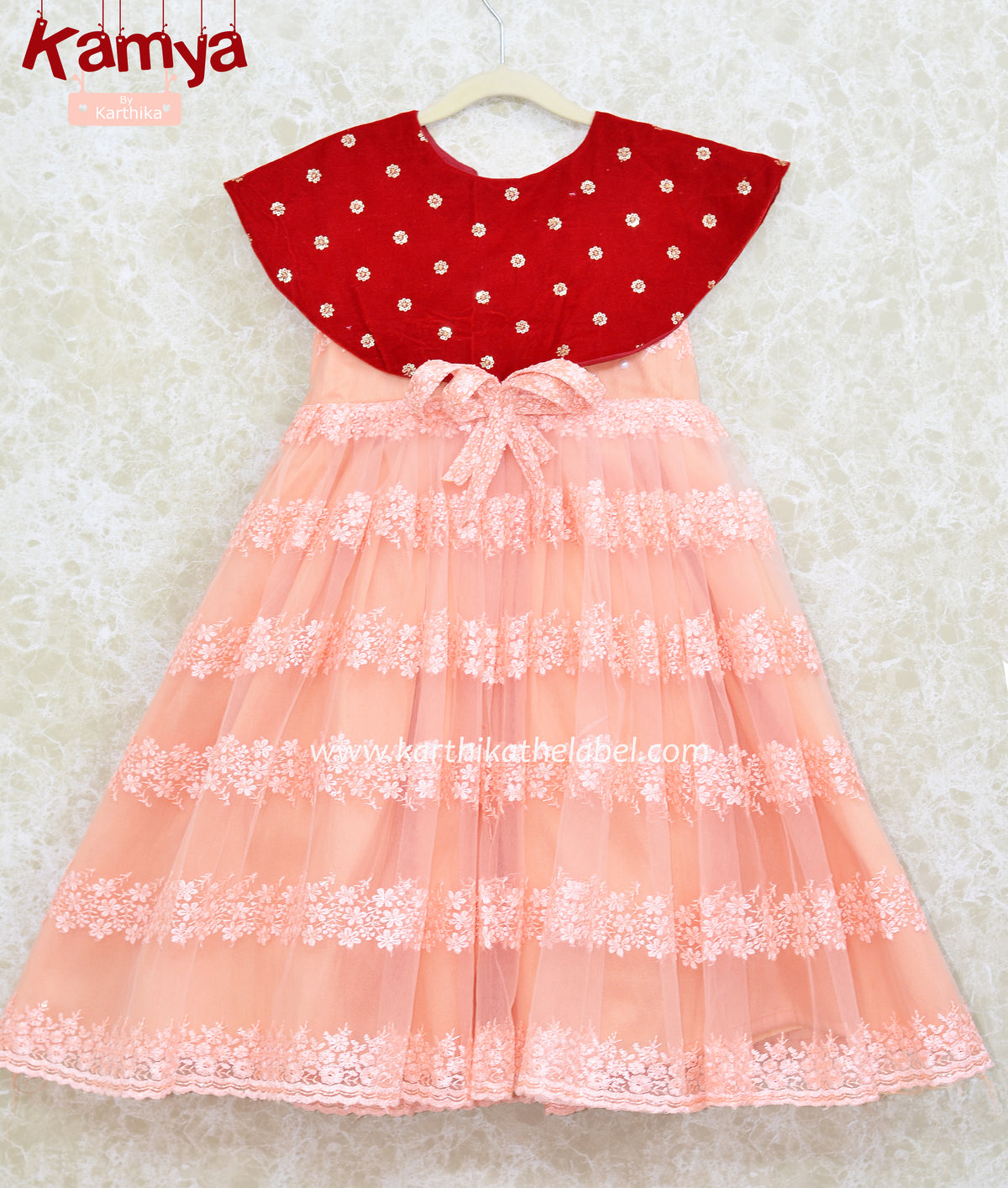 Embroidered net frock with velvet cape