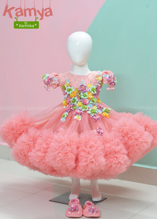 Net frock with Multicolour 3D flowers