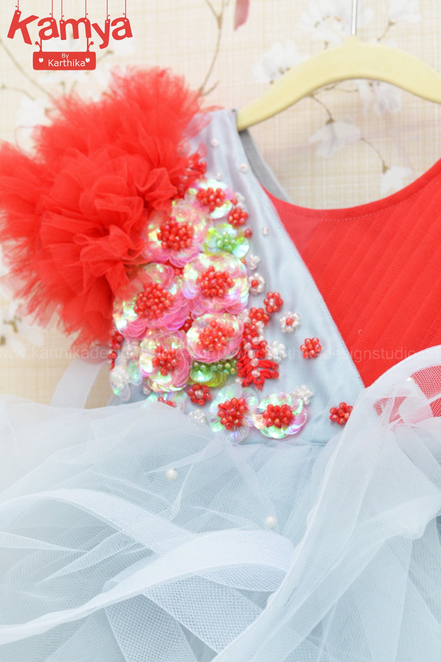 Grey and red net frock