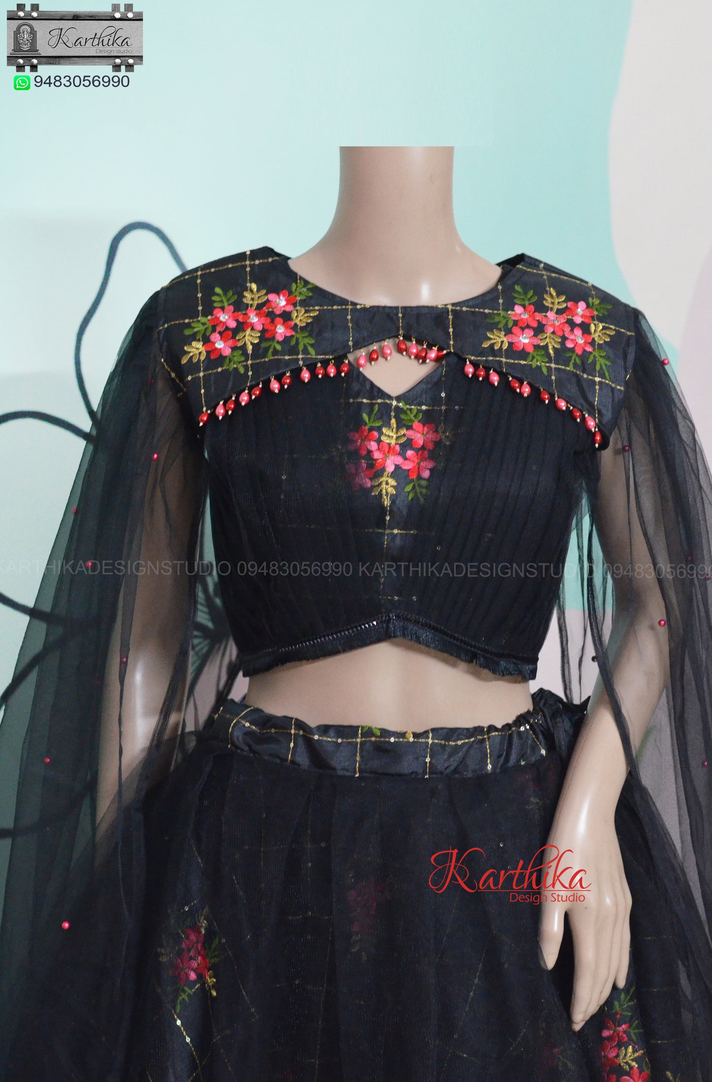Embroidered chinnon and net crop top lehenga