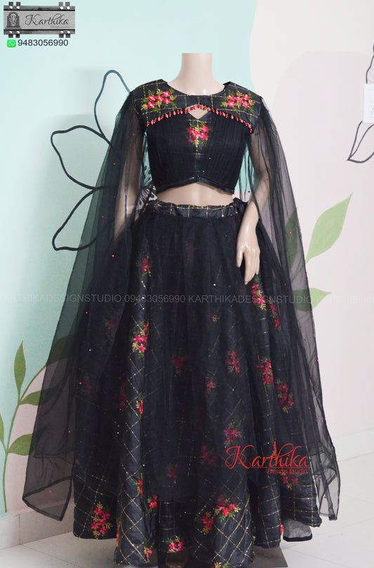 Embroidered chinnon and net crop top lehenga