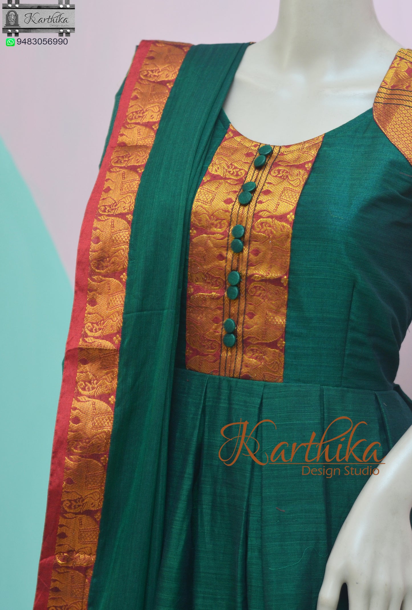 Bottle green Narayanpet cotton long gown..