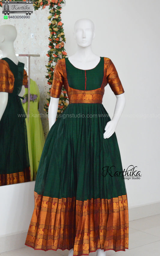 Bottle green Narayanpet cotton long gown.