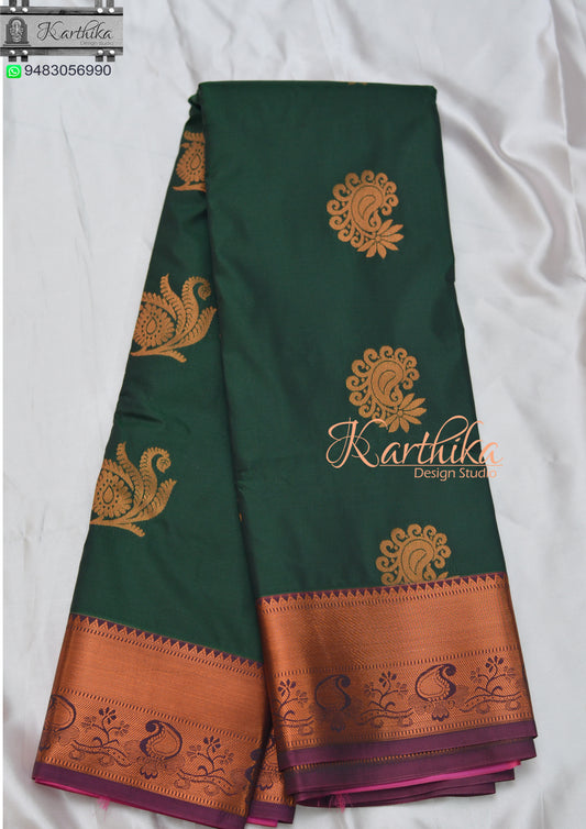 Bottle green soft silk saree