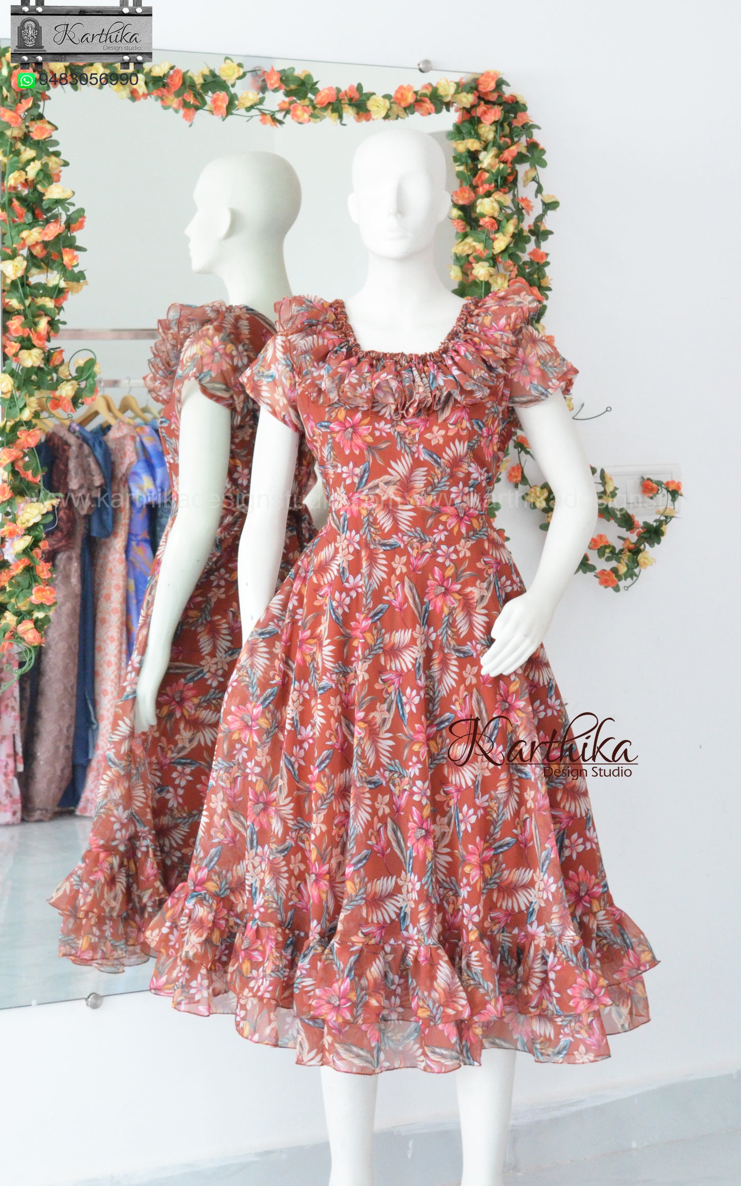 Brown Ruffled georgette frock