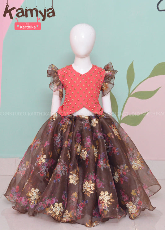 Brown floral organza crop top skirt.