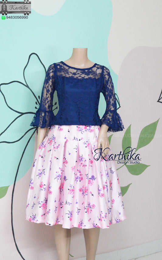 Floral net crop top with satin skirt..