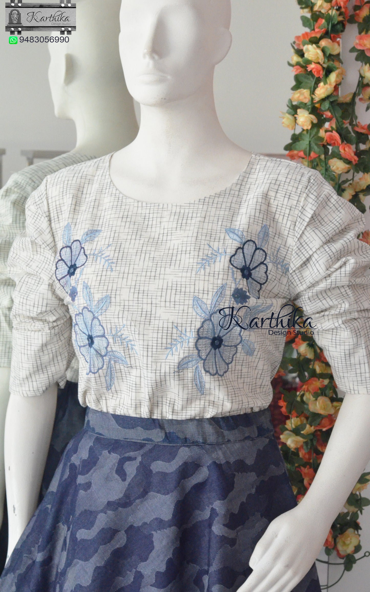 Denim skirt and embroidered cotton top