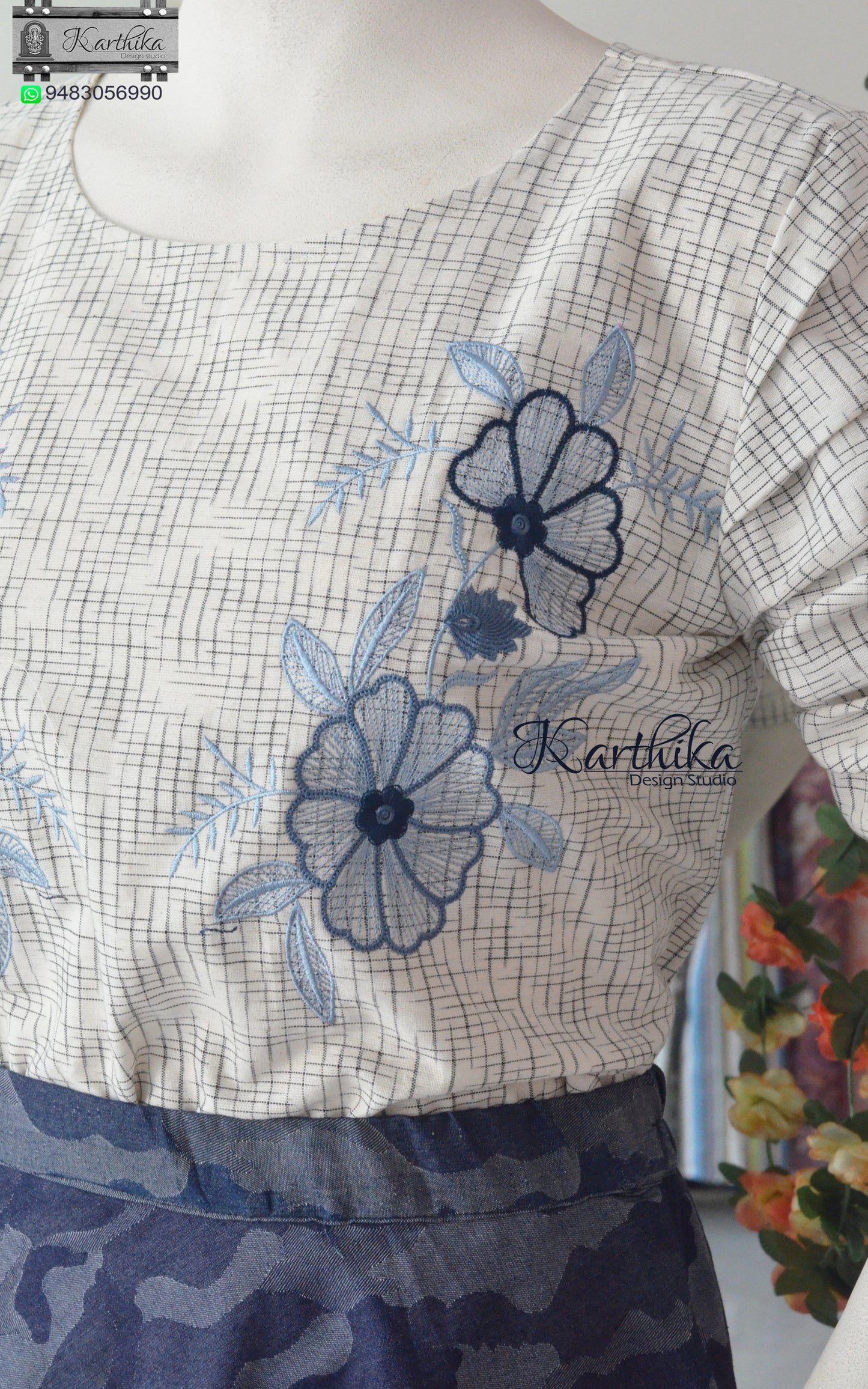Denim skirt and embroidered cotton top