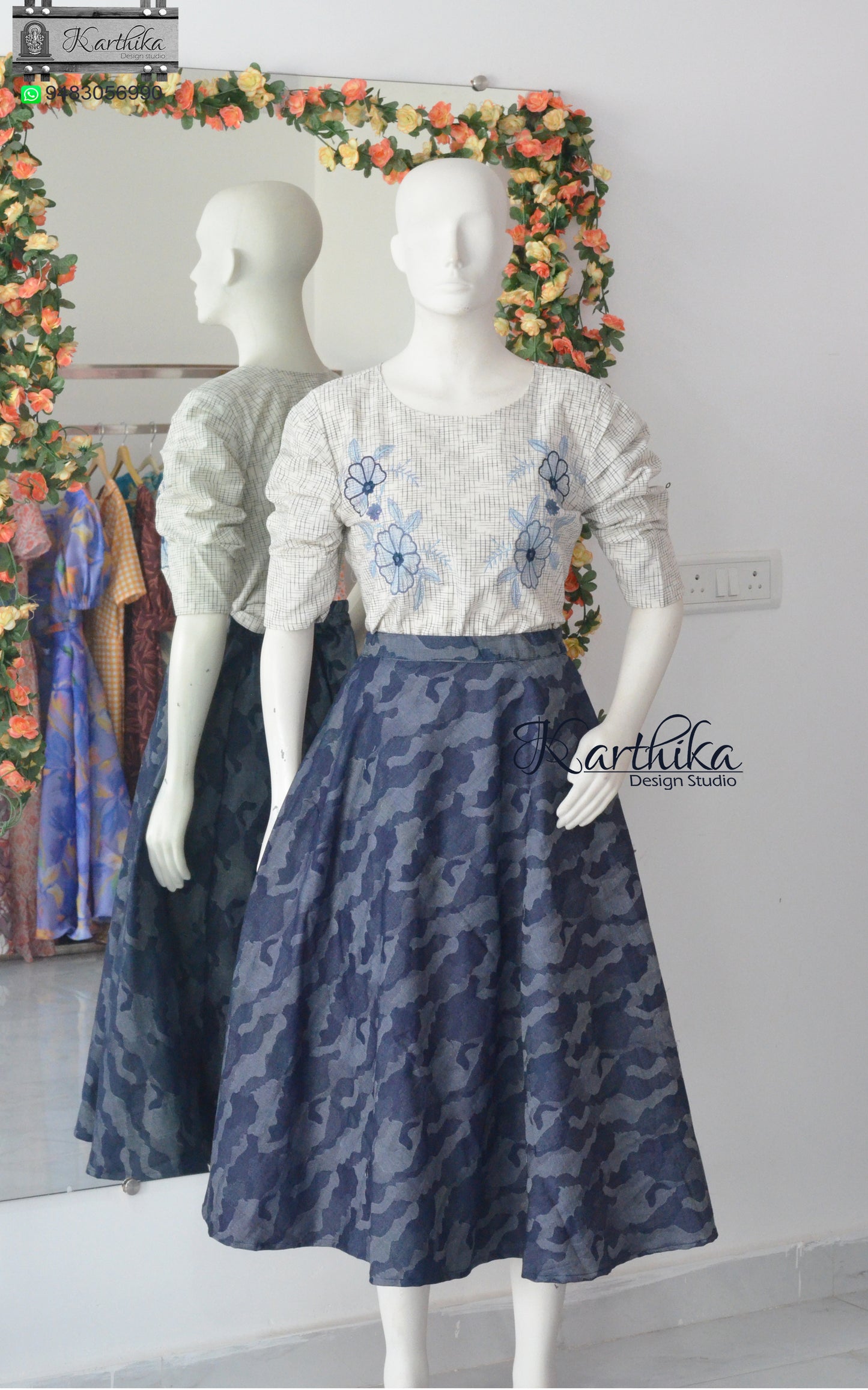 Denim skirt and embroidered cotton top