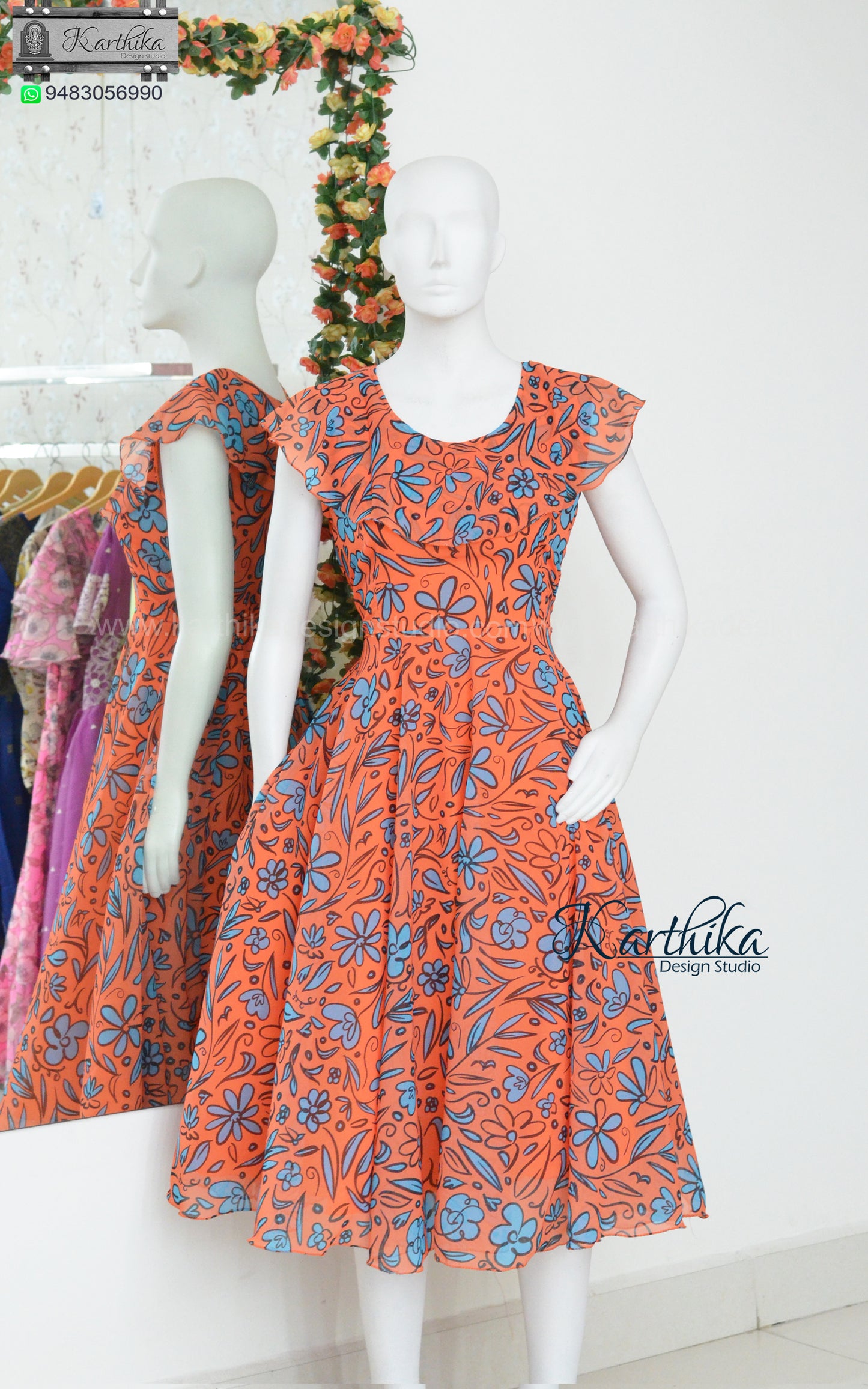 Doodle print orange floral georgette frock