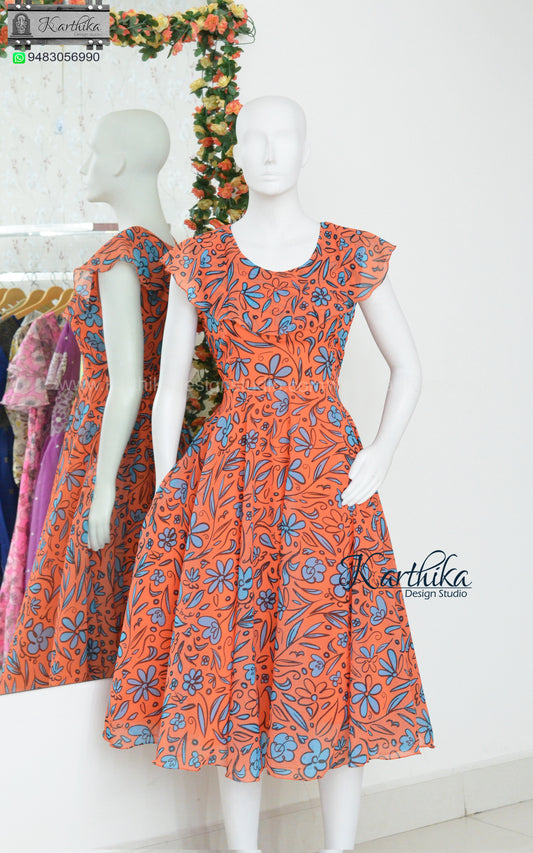 Doodle print orange floral georgette frock