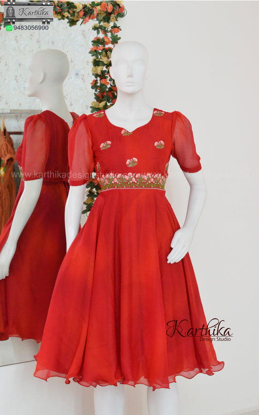 Embroidered red georgette frock