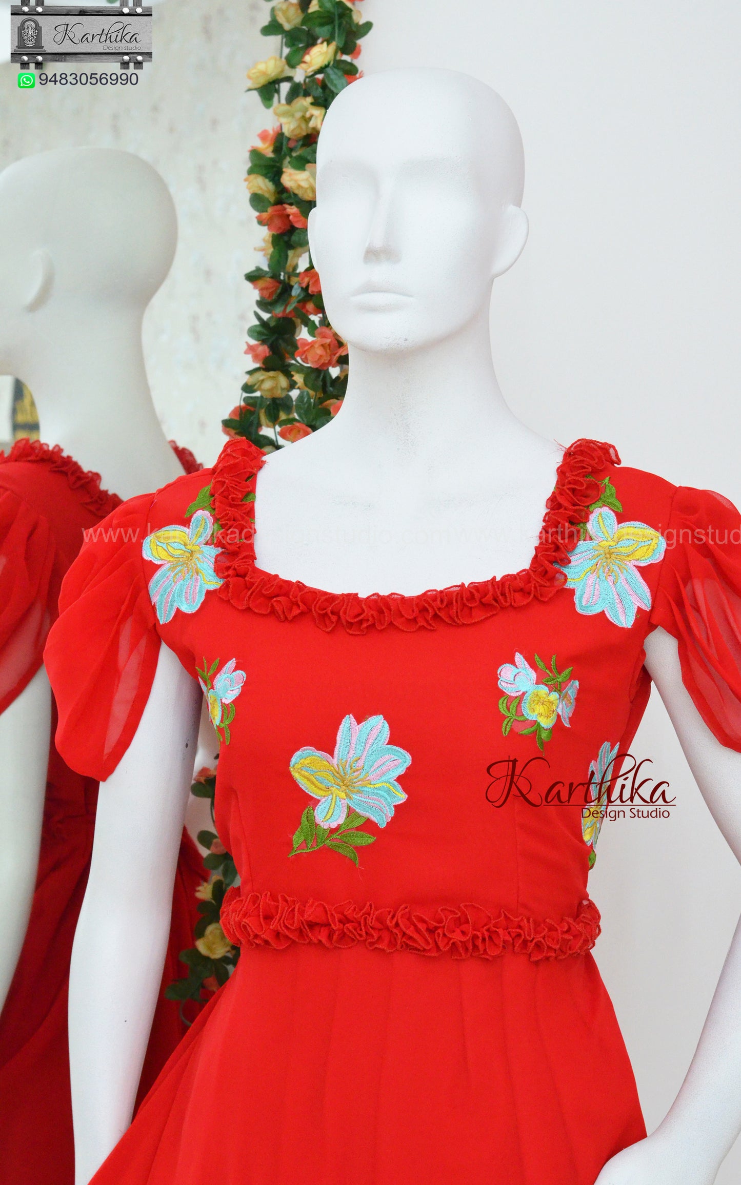 Embroidered red georgette frock