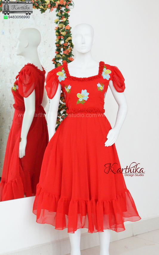 Embroidered red georgette frock
