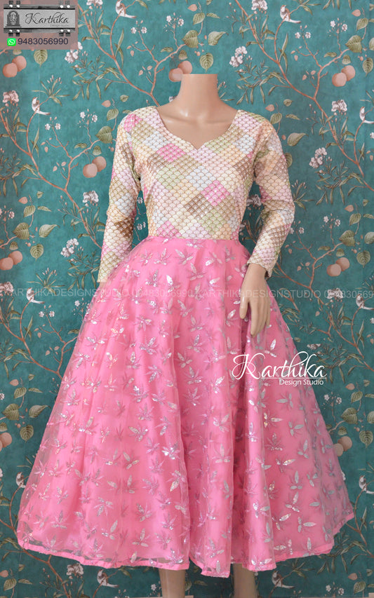 White and pink embroidered net  frock.