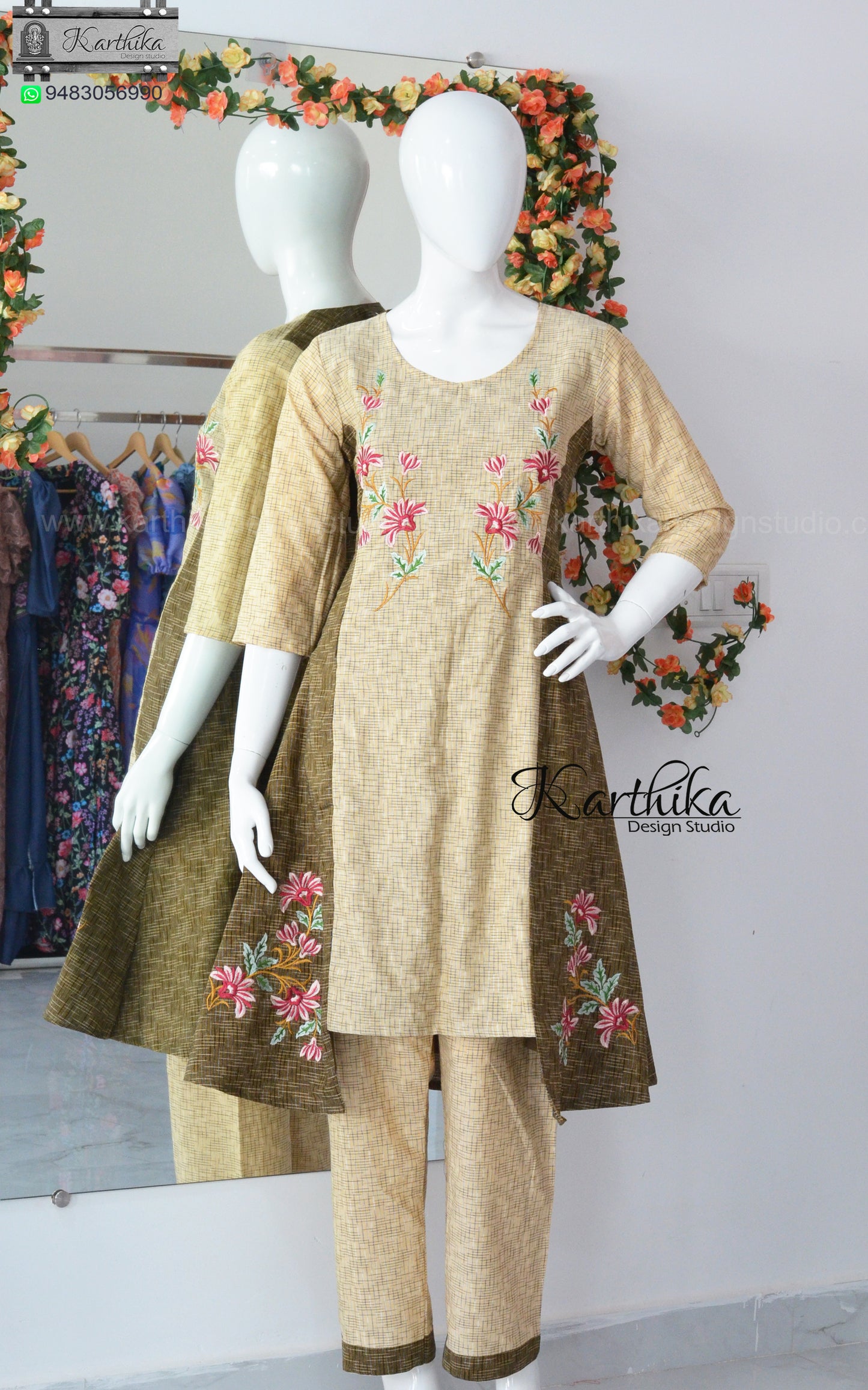 Embroidered Ikkat Aline kurthi set