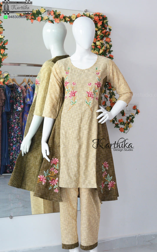 Embroidered Ikkat Aline kurthi set