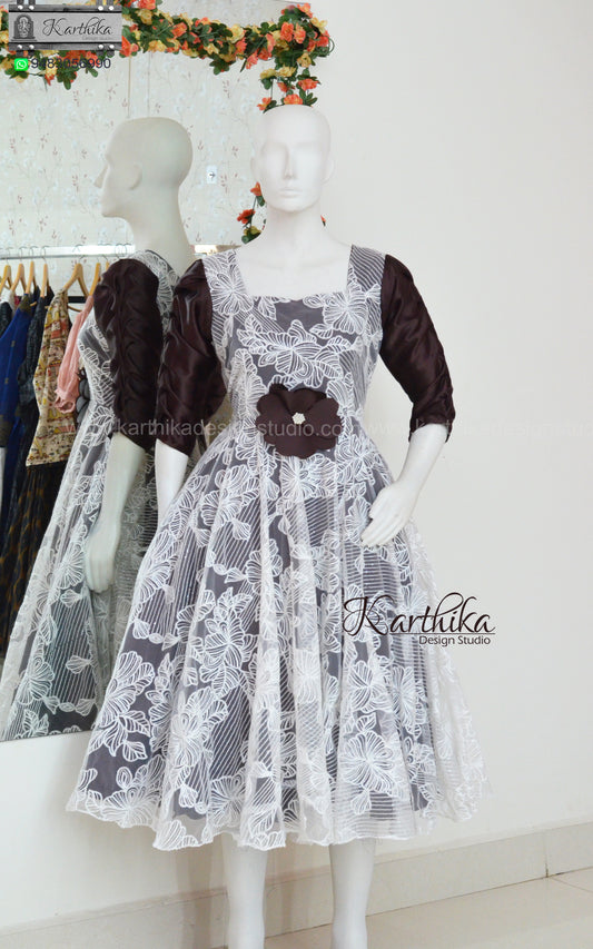 Embroidered net and satin frock